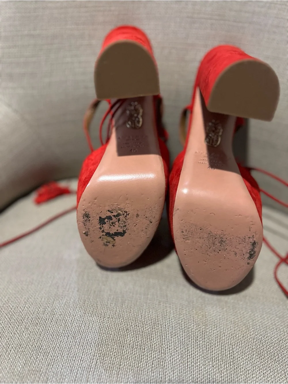 Aquazzura Red Suede Tassel Platform Block Heel Sandals